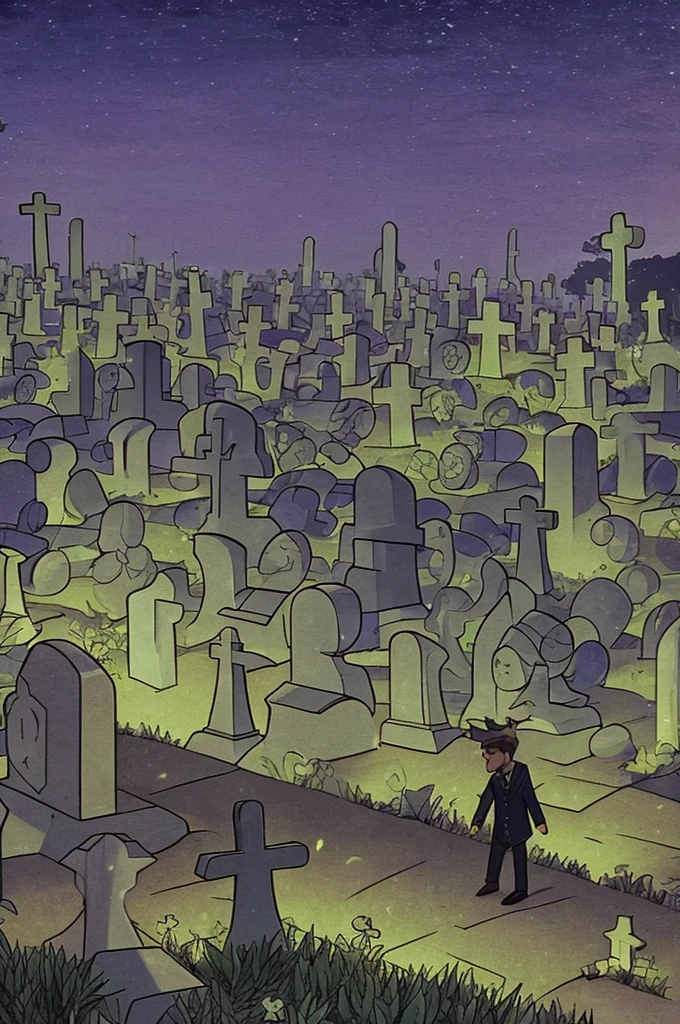 A boy waving to a ghost girl in a cemetery at night. Halftone colors, Steven Rhodes' style