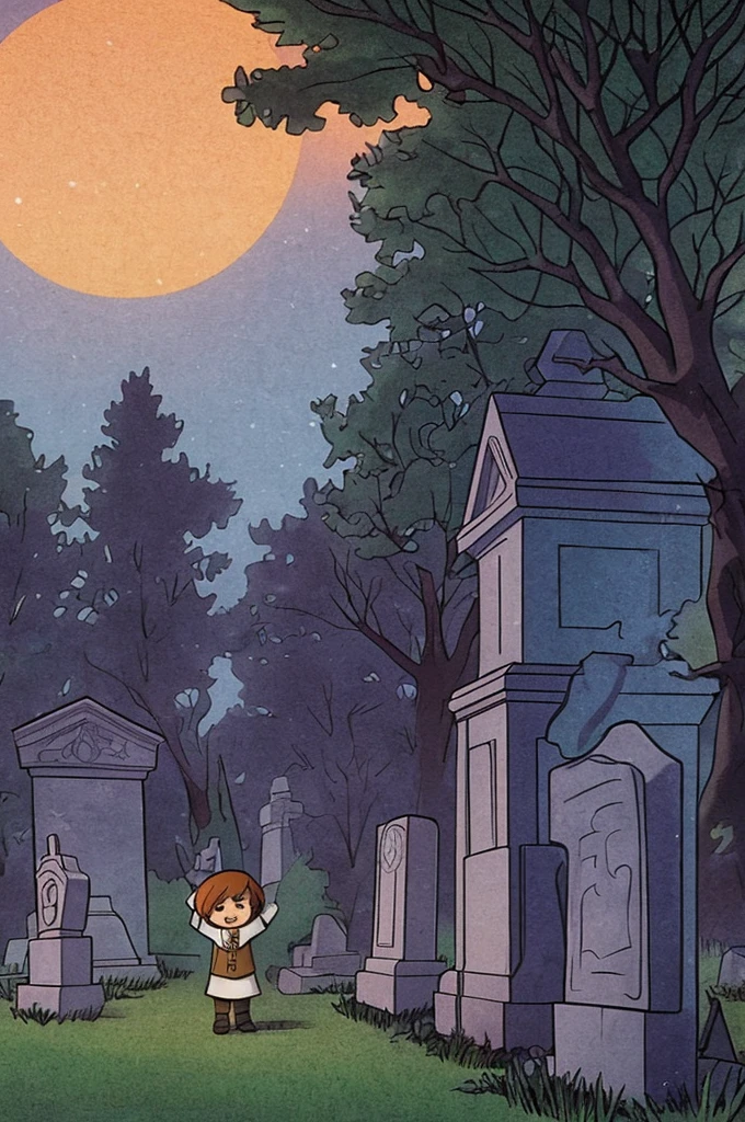 A boy waving to a ghost girl in a cemetery at night. Halftone colors, Steven Rhodes' style