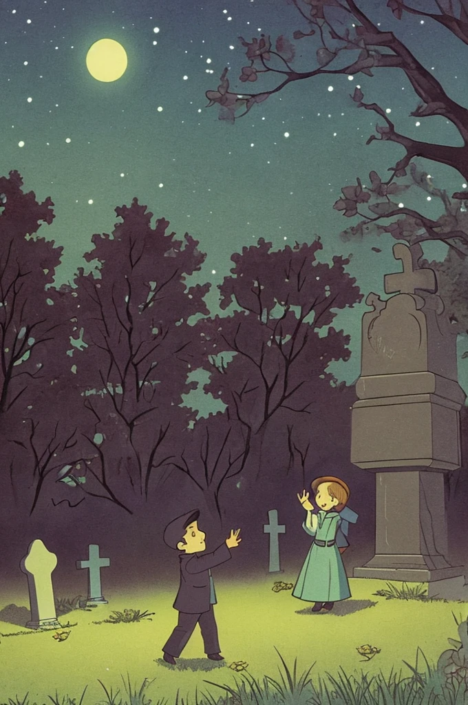 A boy waving to a ghost girl in a cemetery at night. Halftone colors, Steven Rhodes' style