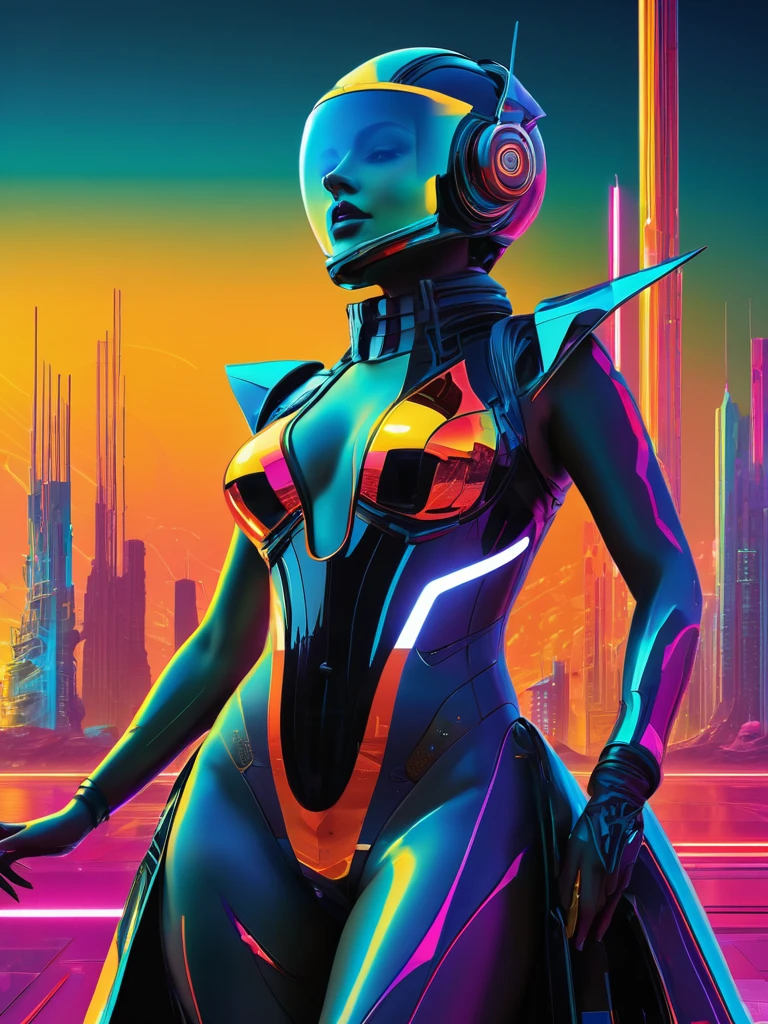 Square album cover, electronica, compilation album, reflecting electronic dance music, chilled out beats, positive look, vibrant colors, abstract patterns, neon lights, futuristic elements, Cyberpunk 2077 colors but not as dark, Russian constructivist influence, the sun, science-related ideas, abstract statues