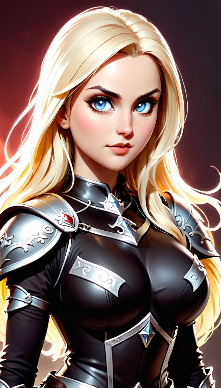 (character portrait for the game Dungeons and dragons), (female 30 years old, spellblade, high charisma), (white skin:0.8, nordic facial features, heavy black makeup, light blue eyes, blond, long, straight hair), (dark fantasy), (heavy platemail armor, gray metallic, cleavage),([dim lights], shadows in the background, red, black, yellow)