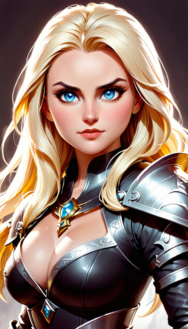 (character portrait for the game Dungeons and dragons), (female 30 years old, spellblade, high charisma), (white skin:0.8, nordic facial features, heavy black makeup, light blue eyes, blond, long, straight hair), (dark fantasy), (heavy platemail armor, gray metallic, cleavage),([dim lights], shadows in the background, red, black, yellow)