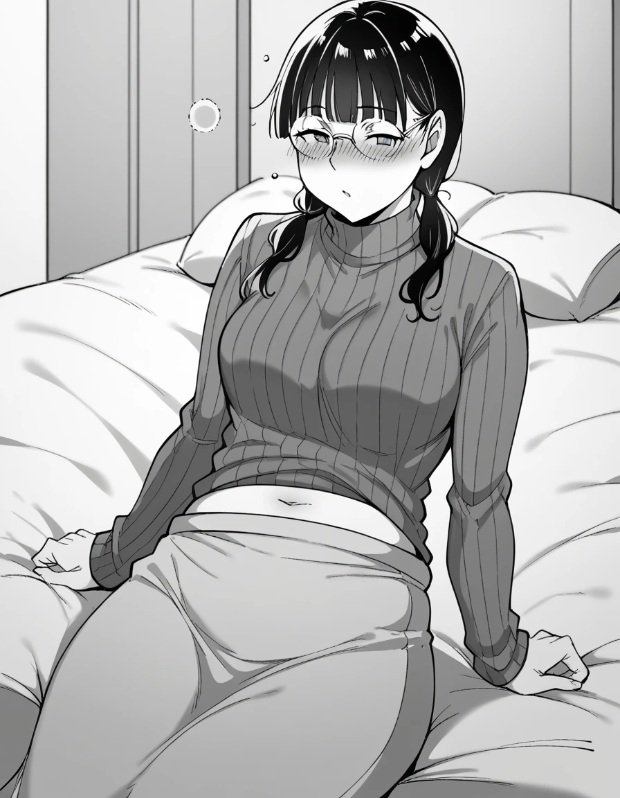 score_9, score_8_superior, score_7_superior, sauce_anime,
ringoyamiyoshi, miyoshi, Long Hair, bangs, Braiding, Glasses, twin Braidings, Monochrome, grayscale,
Long sleeve, belly button, sweater, turtleneck, turtleneck sweater, skirt, long skirt,
indoor, bed, bed room, ~ side, blush, Drunk,
View your viewers, alone, ground level shot