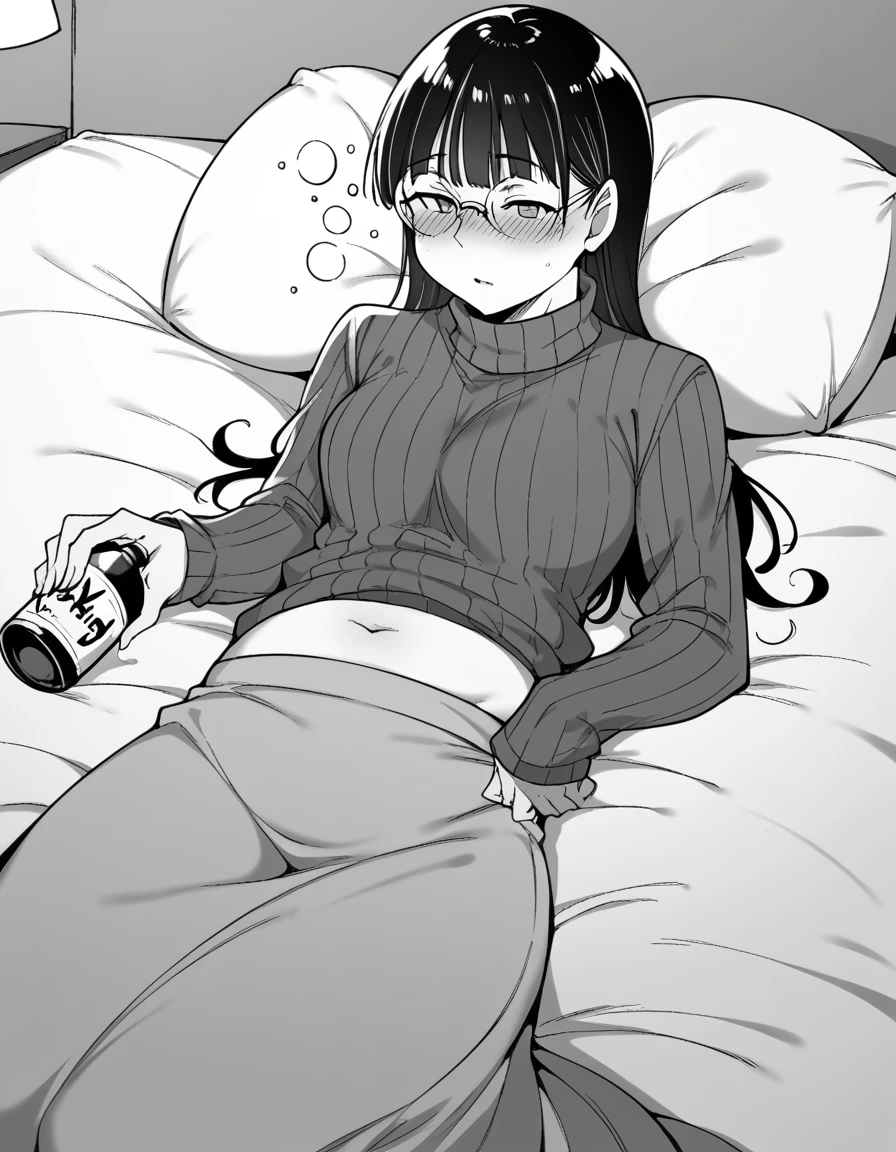 score_9, score_8_superior, score_7_superior, sauce_anime,
ringoyamiyoshi, miyoshi, Long Hair, bangs, Braiding, Glasses, twin Braidings, Monochrome, grayscale,
Long sleeve, belly button, sweater, turtleneck, turtleneck sweater, skirt, long skirt,
indoor, bed, bed room, ~ side, blush, Drunk,
View your viewers, alone, ground level shot