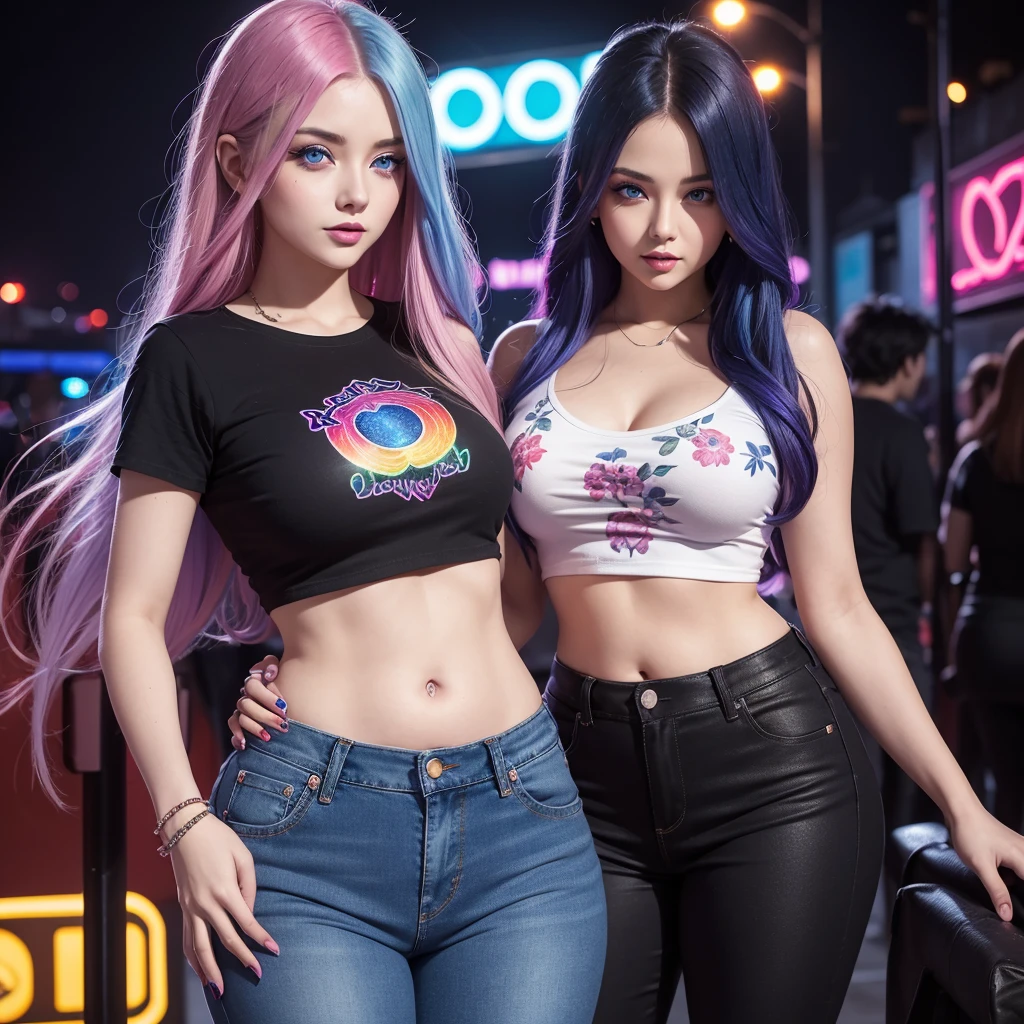 A beautiful young woman, aged 28, long rainbow colored hair, sapphire blue eyes that shine like gemstones, curvy figure, wearing a black cropped t-shirt with a floral pattern, wearing low rise dark purple jeans, colorful city background with neon, nighttime, blood red moon in the sky, neon smoke