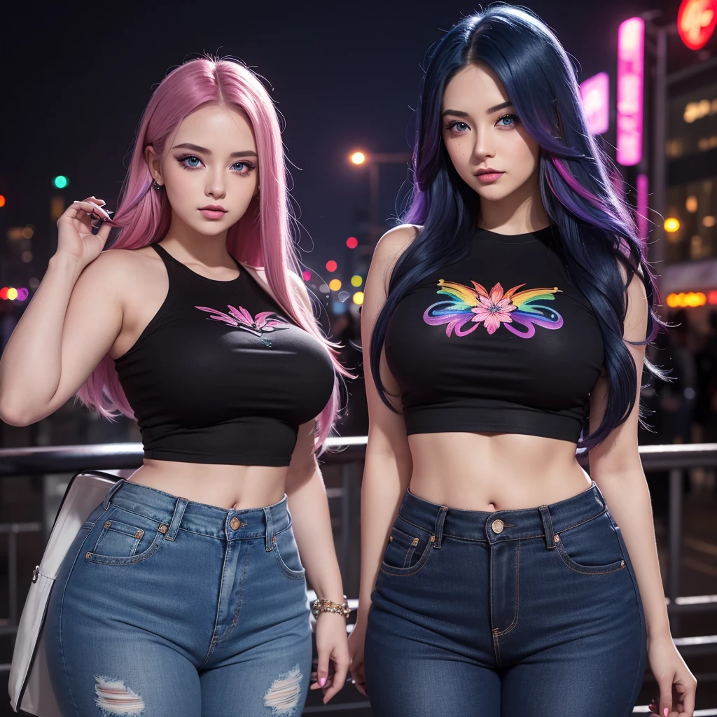 A beautiful young woman, aged 28, long rainbow colored hair, sapphire blue eyes that shine like gemstones, curvy figure, wearing a black cropped t-shirt with a floral pattern, wearing low rise dark purple jeans, colorful city background with neon, nighttime, blood red moon in the sky, neon smoke