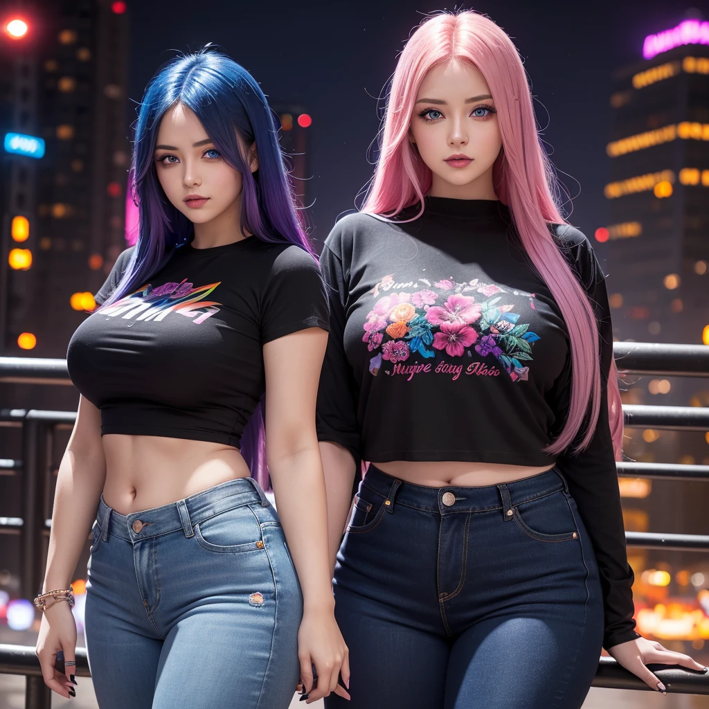 A beautiful young woman, aged 28, long rainbow colored hair, sapphire blue eyes that shine like gemstones, curvy figure, wearing a black cropped t-shirt with a floral pattern, wearing low rise dark purple jeans, colorful city background with neon, nighttime, blood red moon in the sky, neon smoke