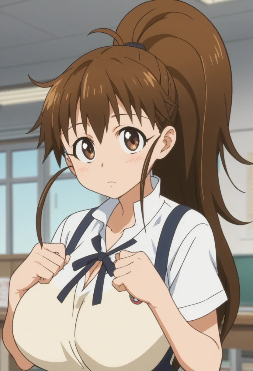 score_9, score_8_up, score_7_up, rating_explicit, anime screencap, upper body, 1girl, solo, working!!, taneshima popura, brown eyes, brown hair, long hair, ponytail, huge breasts, looking at viewer