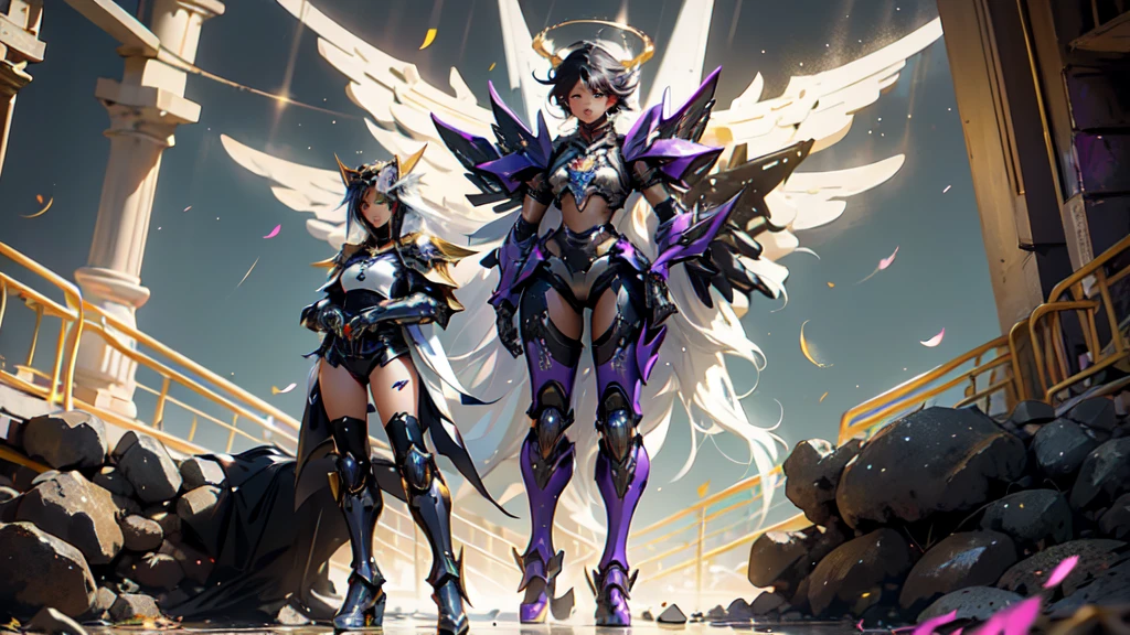 full body woman as an archangel, with black purple cyberdroid, mecha-armor, wearing a short blusher veil, messy hairdo, golden mecha-halo on top of the head, heavy Arch angel mecha-wings, visible face, big chest, bikini armor