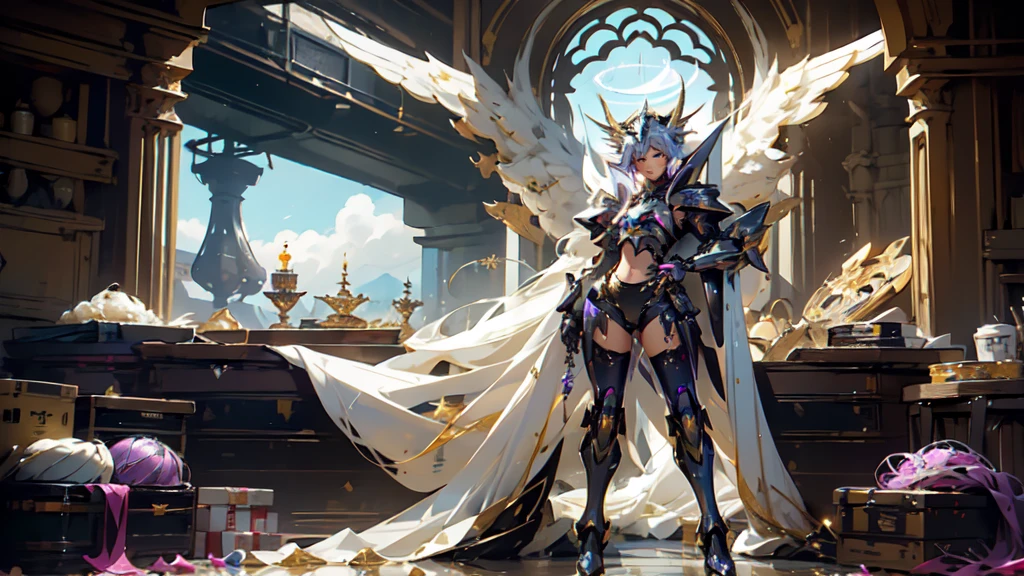 full body woman as an archangel, with black purple cyberdroid, mecha-armor, wearing a short blusher veil, messy hairdo, golden mecha-halo on top of the head, heavy Arch angel mecha-wings, visible face, big chest, bikini armor