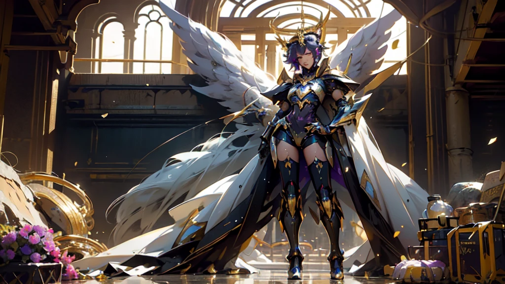 full body woman as an archangel, with black purple cyberdroid, mecha-armor, wearing a short blusher veil, messy hairdo, golden mecha-halo on top of the head, heavy Arch angel mecha-wings, visible face, big chest, bikini armor