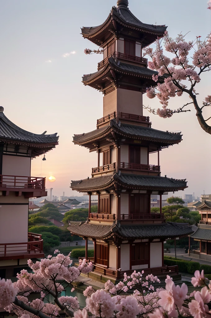 Sakura with pink flowers near the pagoda against the backdrop of sunset in China