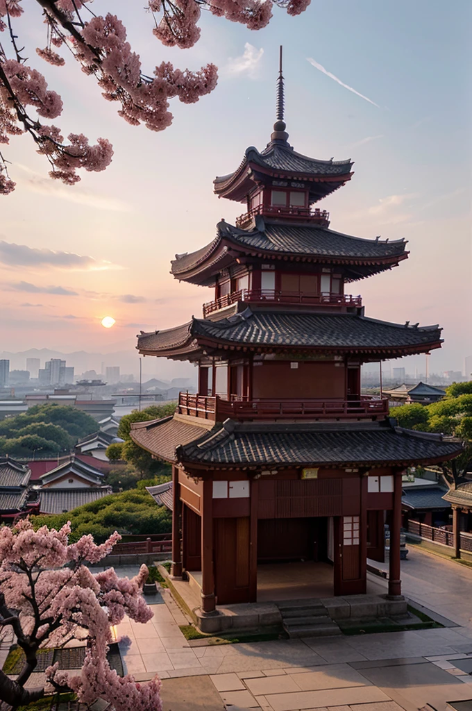 Sakura with pink flowers near the pagoda against the backdrop of sunset in China