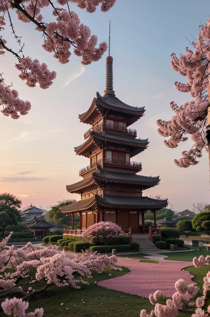 Sakura with pink flowers near the pagoda against the backdrop of sunset in China 