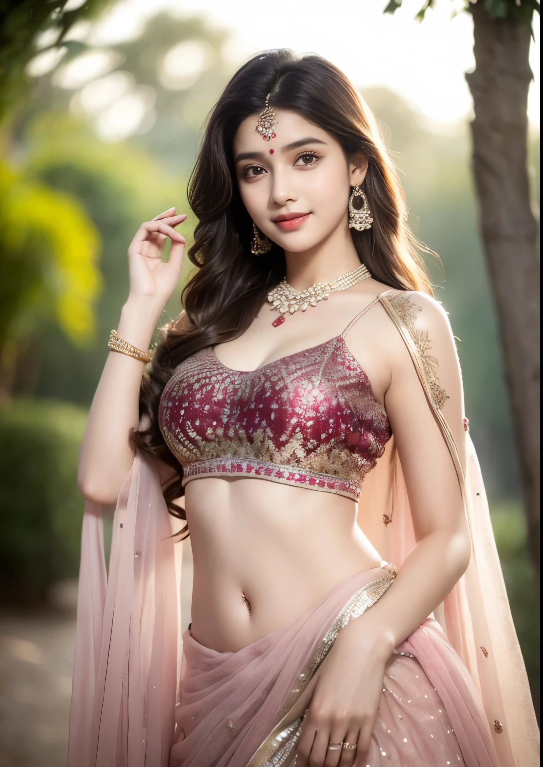 (((desi indian young 14 aged girl))), 14 years girl, cute and pretty face, natural skin, wearing hot Lehenga, choli and Dupatta dress, charming black hair, ((hair ends are blonde)), Indian festival Holi celebration's in background, detailed Holi festival, (wearing simple jewellery), Super Round Big Young Breast, Pretty cute Navel, Soft Oval Navel, Detailed pretty Navel, (Navel Jewelry), Slender girl, bright light, longhair, Bokeh, Indian ,tree branch, colorful, Glitter burgundy color princess dress((choli:1.2,lehenga:1.2,dupatta:1.2), detailed princess dress, designer dress, smile, pretty, cute, 4k, 8k, CG unity 8k wallpaper, depth of field, ray tracing, perfect figure, sweet round breasts, romantic Eyes, Romantic smile, Romantic Standing Angle, stylish curved angle, (angle with both hands playing with hair), Bright skin, glow face, glow skin, small cleavage
