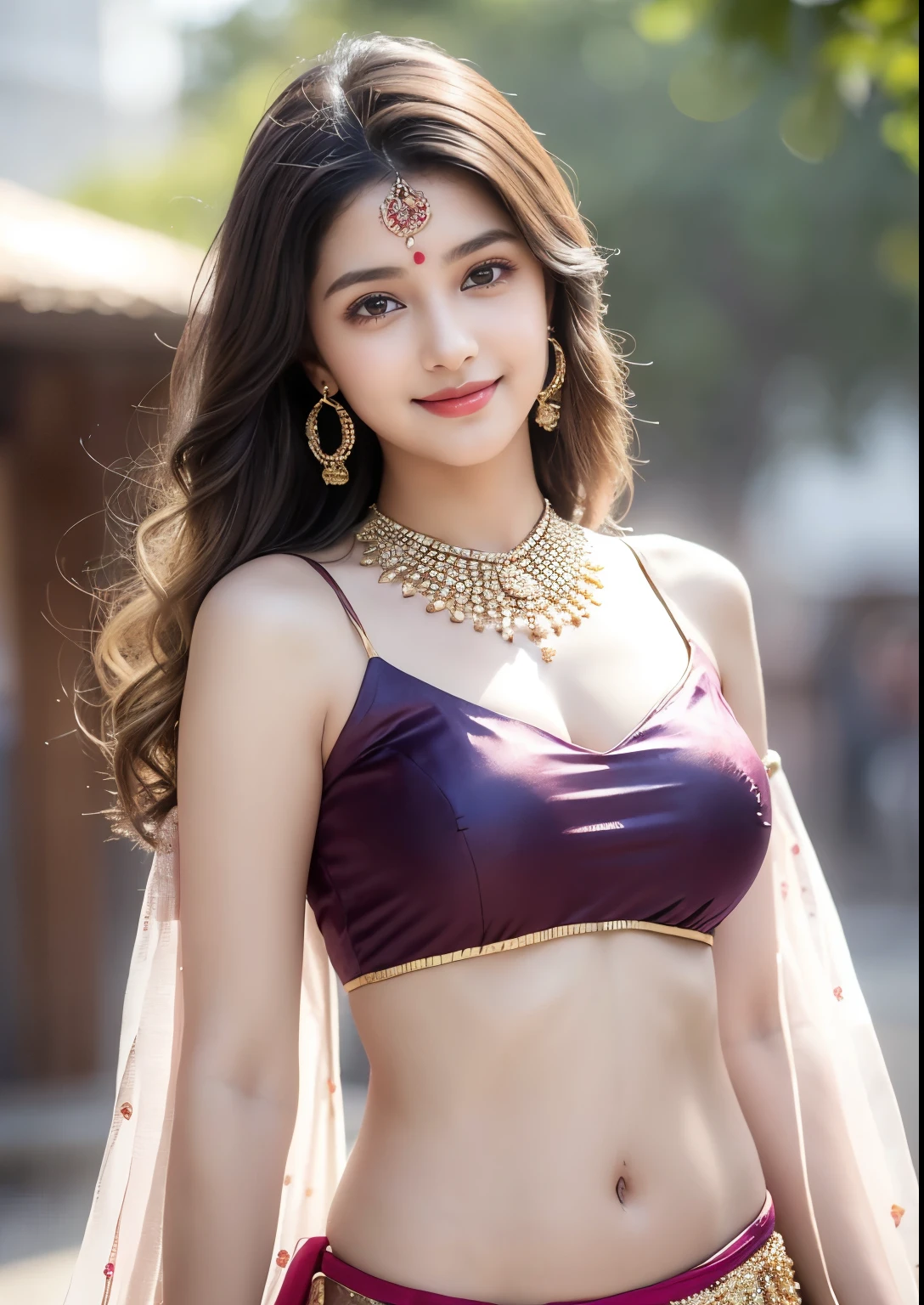 (((desi indian young 14 aged girl))), 14 years girl, cute and pretty face, natural skin, wearing hot Lehenga, choli and Dupatta dress, charming black hair, ((hair ends are blonde)), Indian festival Holi celebration's in background, detailed Holi festival, (wearing simple jewellery), Super Round Big Young Breast, Pretty cute Navel, Soft Oval Navel, Detailed pretty Navel, (Navel Jewelry), Slender girl, bright light, longhair, Bokeh, Indian ,tree branch, colorful, Glitter burgundy color princess dress((choli:1.2,lehenga:1.2,dupatta:1.2), detailed princess dress, designer dress, smile, pretty, cute, 4k, 8k, CG unity 8k wallpaper, depth of field, ray tracing, perfect figure, sweet round breasts, romantic Eyes, Romantic smile, Romantic Standing Angle, stylish curved angle, (angle with both hands playing with hair), Bright skin, glow face, glow skin, small cleavage