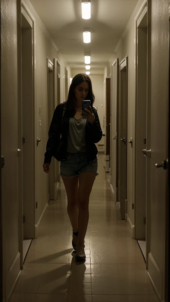 "A person holding a cellphone with the flashlight on, walking down a creaky hallway."