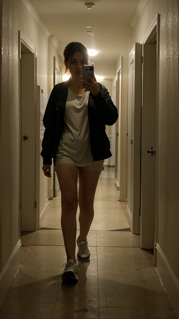 "A person holding a cellphone with the flashlight on, walking down a creaky hallway."