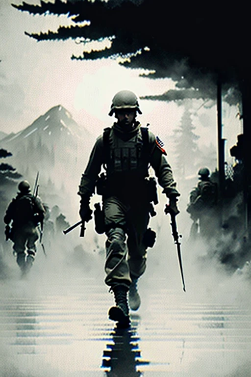 Masterpiece cinematic illustration painting of a Soldier, ultra detailed, ultra sharp, Fog, blurry, 16k , monochrome, oil painting, ink