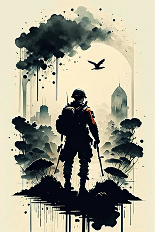 Masterpiece cinematic illustration painting of a Soldier, ultra detailed, ultra sharp, Fog, blurry, 16k , monochrome, oil painting, ink