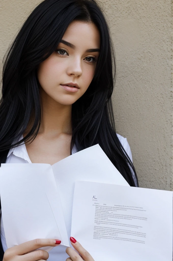 A real white Canadian girl with black hair but with the tips dyed red good body holding a small paper that has the name aliciaml0 written very large so that it can be read well (aliciaml0 written with black color