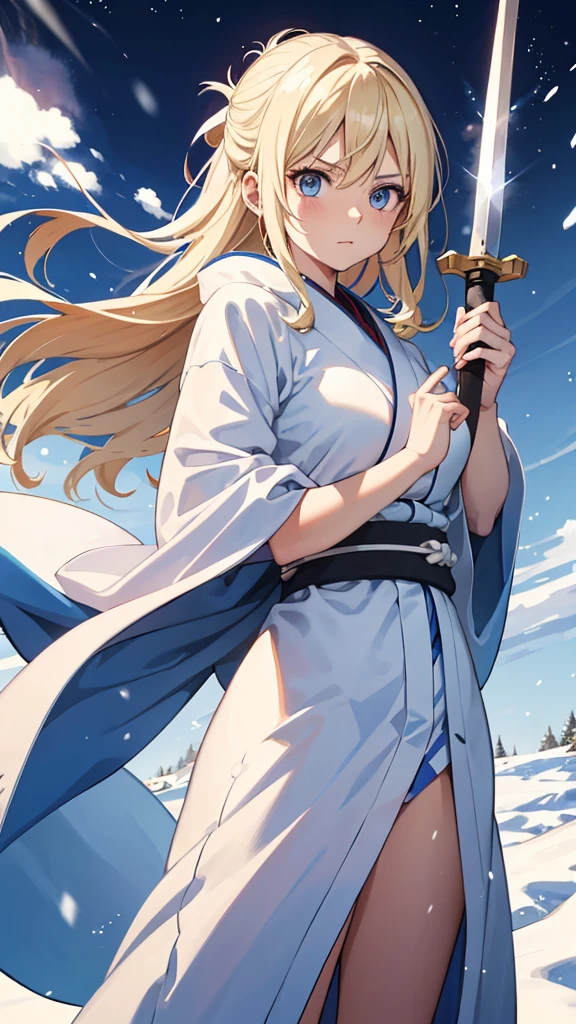 1 women, Look alike of Okita Souji, Long Blonde hair, Blue eyes, carries a sword, using her Snow elemental powers, she has a white aura like Luffy gear 5 from one piece anime, Snow Powers, White Snow Powers, Using Snow Powers with her one hand, standing, wearing a light blue kimono, snow element arc like aura, using snow powers, white aura around here , snow around powers around her, modern 