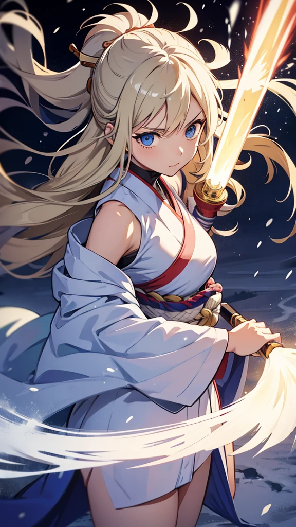 1 women, Look alike of Okita Souji, Long Blonde hair, Blue eyes, carries a sword, using her Snow elemental powers, she has a white aura like Luffy gear 5 from one piece anime, Snow Powers, White Snow Powers, Using Snow Powers with her one hand, standing, wearing a light blue kimono, snow element arc like aura, using snow powers, white aura around here , snow around powers around her, modern 