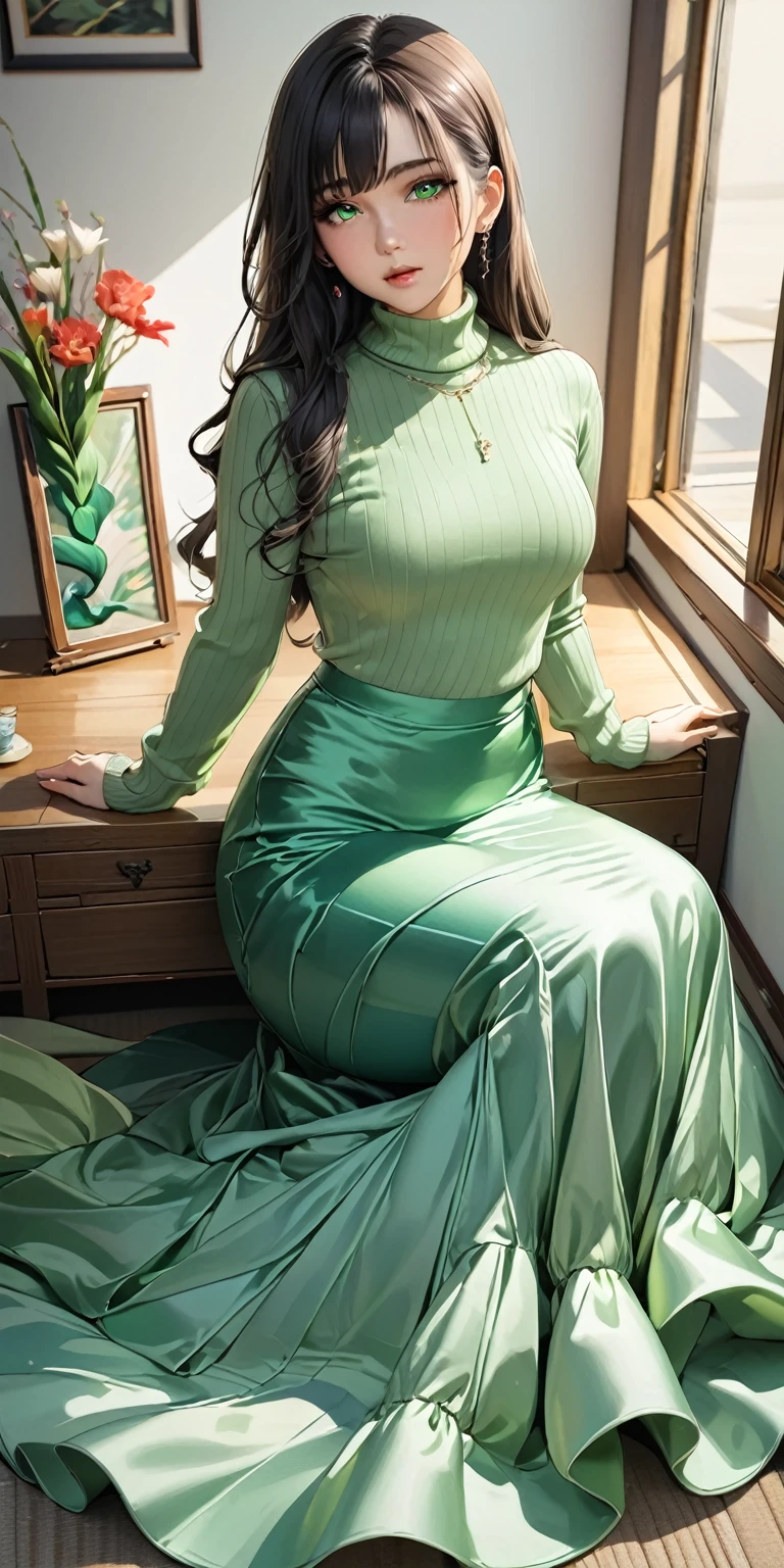 Portraiture、(masterpiece,Highest quality,Ultra-high resolution),Japanese women, (((Very beautiful 25 year old girl))),Long sleeve sweater、((Light green satin mermaid long skirt))、The skirt is ankle-length、