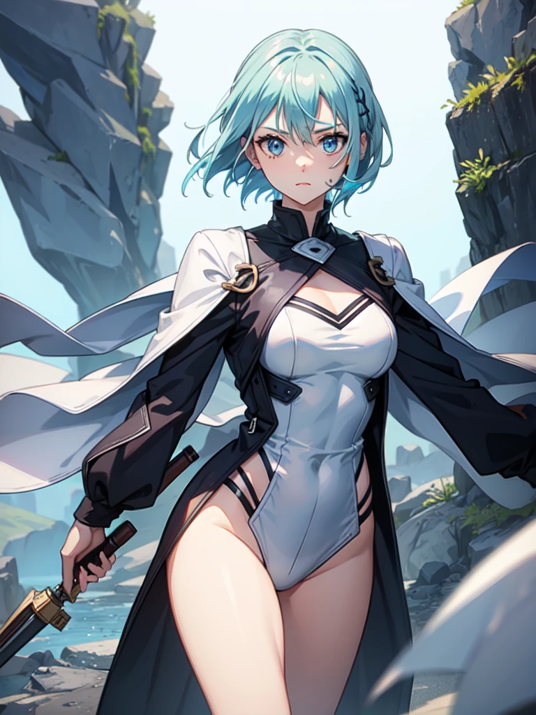 1 girl, light blue hair locks, white hair, sharp eyes, light blue eyes, bow, serious look, masterpiece, high quality, short hair, whit combat clothes