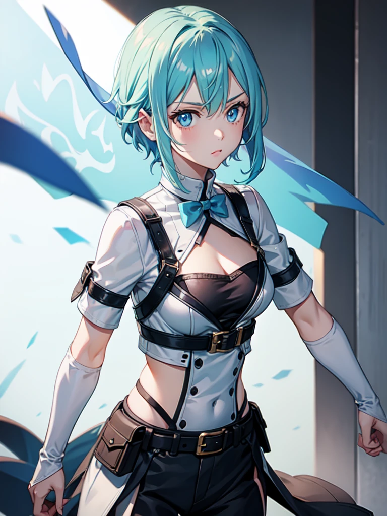 1 girl, light blue hair locks, white hair, sharp eyes, light blue eyes, bow, serious look, masterpiece, high quality, short hair, whit combat clothes