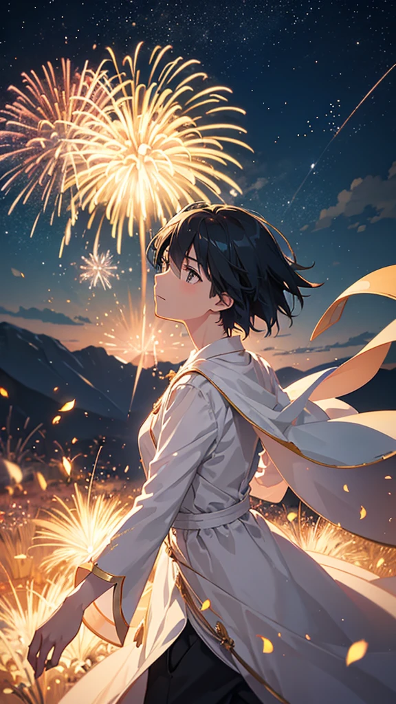 Create exquisite illustrations reminiscent of Makoto Shinkai's style, It has ultra-fine details and top-notch quality. Create an illustration featuring a single large firework blooming in the night sky, accompanied by silhouettes of a boy and a girl gazing up at it. The backlight from the firework's vibrant colors casts the boy and girl into silhouette, adding a touch of mystery and wonder. The firework itself should be a burst of colorful and fantastical lights, creating a mesmerizing display against the dark canvas of the night. The overall atmosphere of the illustration should be both nostalgic and fantastical, transporting viewers to a magical moment where the beauty of the night is captured in the brilliance of a dazzling firework