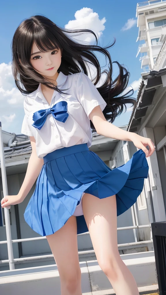 女の子 in a blue skirt and white shirt standing on a roof, Beautiful school girl, (Hair blowing in the wind:1.3), (The wind is blowing my skirt:1.2, Panty shot:1.3), Slender body line, Small and slender figure, Beautiful breasts, Small beautiful butt, Alluring thighs, Cute girl visuals, Kantai Collection Style, ( beautiful girl, Baby Face, ), Yukina Himeragi, Attractive girl, Smooth CG art, Moe art style, Best Girl, Young girl, (Detailed eyes and face:1.2, Professional photography techniques), (Highest quality, 8K, masterpiece:1.2, RAW Photos), Gaze at the viewer, blush