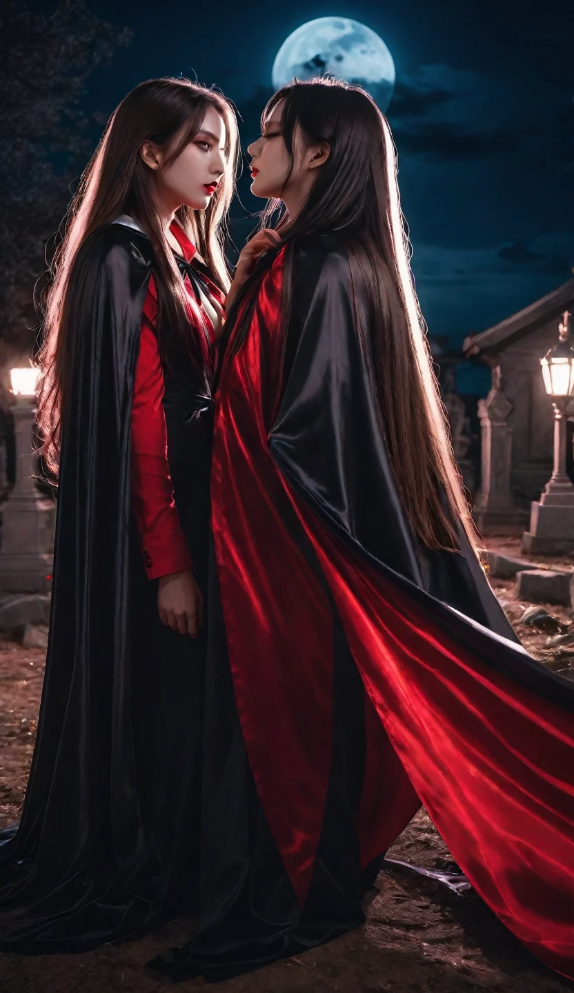 vampire teeth , ((((nighttime))) , 2girls,looking at each other in the eye, long hair , RAW photo, high quality, film grain,simple background, presenting, beautiful, (black and red lined satin cloak tied at the neck:1.20) , biting necks , breasts,big ass, clothes lift,bottomless, moonlit graveyard , (2girls,yuri),