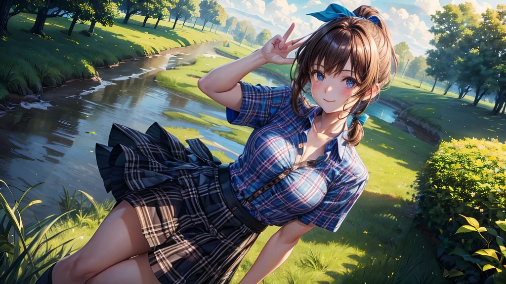 1girl, solo, full body, rural landscape, village, trees, sun, clouds, fantasy, brown hair, ponytail, large breasts, button down shirt, ((blue checked shirt)), ((short sleeved shirt)), ((unbuttoned shirt)), unbuttoning buttons, cleavage 1:3, shirt tied under chest, belly reveal, blue eyes, dark skirt, smile, looking at the viewer, standing, hair ribbon, golden necklate