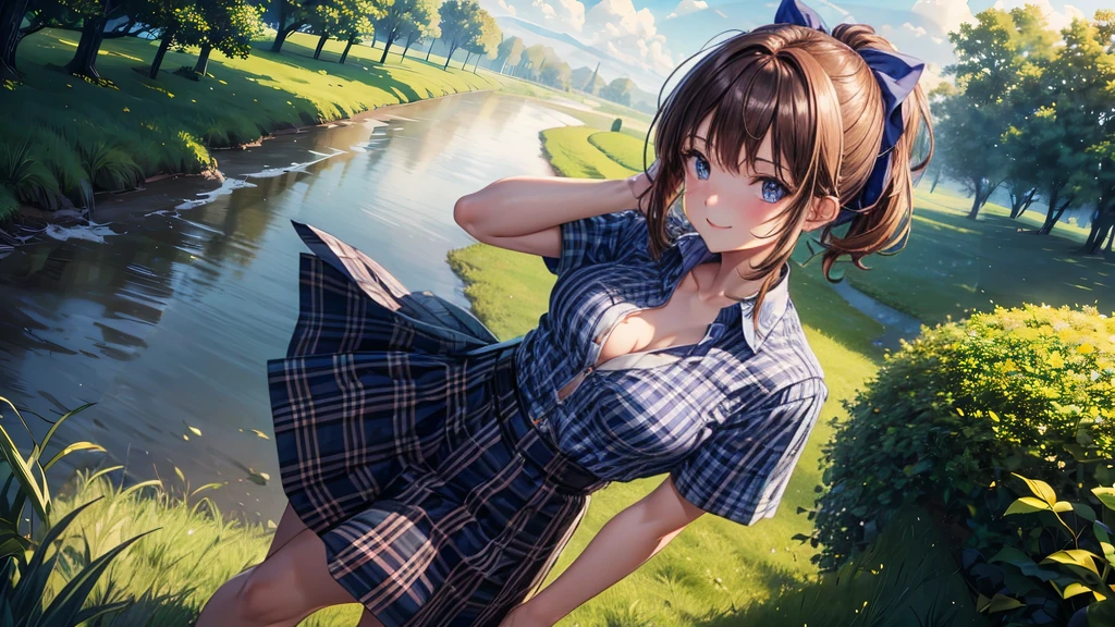 1girl, solo, full body, rural landscape, village, trees, sun, clouds, fantasy, brown hair, ponytail, large breasts, button down shirt, ((blue checked shirt)), ((short sleeved shirt)), ((unbuttoned shirt)), unbuttoning buttons, cleavage 1:3, shirt tied under chest, belly reveal, blue eyes, dark skirt, smile, looking at the viewer, standing, hair ribbon, golden necklate