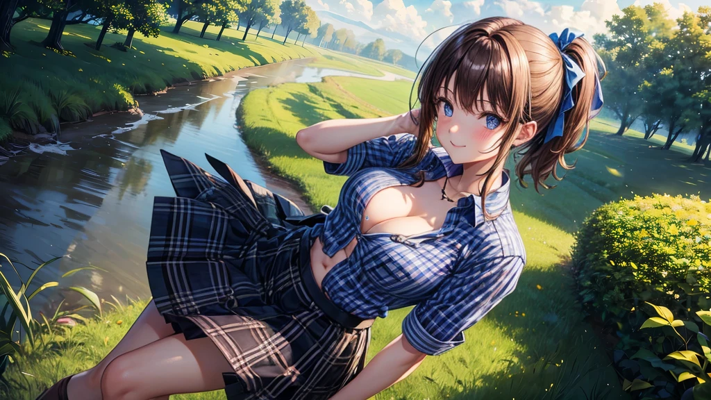 1girl, solo, full body, rural landscape, village, trees, sun, clouds, fantasy, brown hair, ponytail, large breasts, button down shirt, ((blue checked shirt)), ((short sleeved shirt)), ((unbuttoned shirt)), unbuttoning buttons, cleavage 1:3, shirt tied under chest, belly reveal, blue eyes, dark skirt, smile, looking at the viewer, standing, hair ribbon, golden necklate