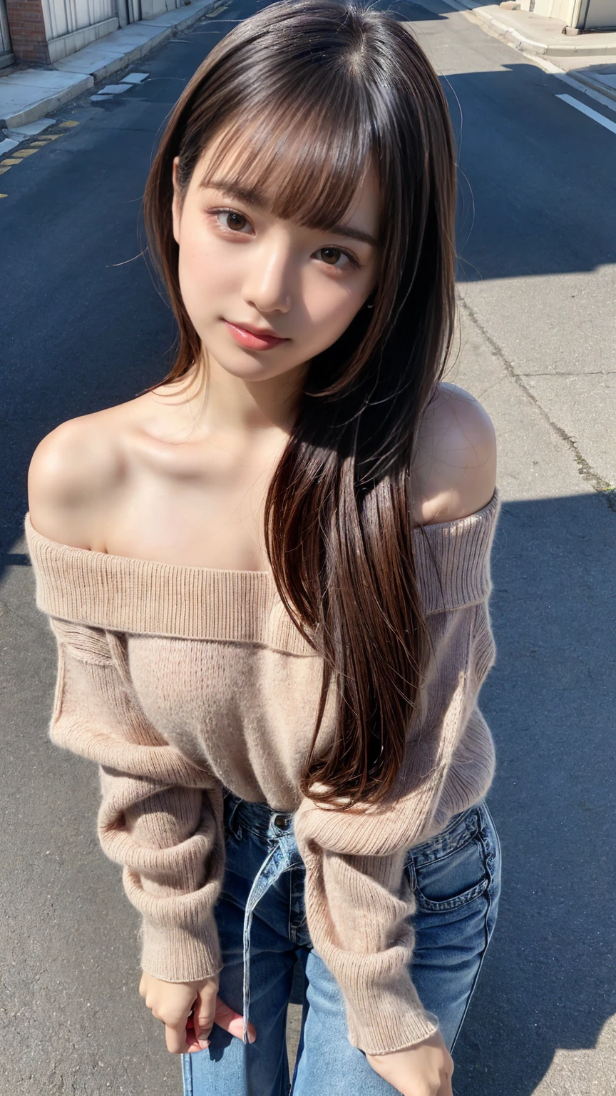 Short length、 ((Off-the-shoulder loose knit、Denim pants)), Brown Skin、Huge breasts:0.8,thin, Medium ponytail、Light brown hair,Messy bangs、Cheeky look、Redness on the cheeks、Raise the corners of the eyes、Triumphant thin eyebrows、Young Face、 ((Very detailed)), Perfectly detailed face, Great hands, Photorealistic images、((Shot from directly above))、street、Sexy pose