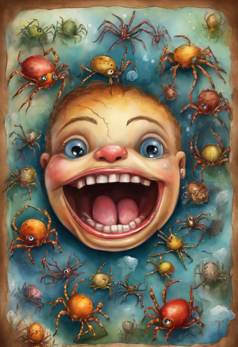 ((spiders crawling out of a kids mouth, garbage pail kids style)), under water, 3d cartoon, high quality, detailed,