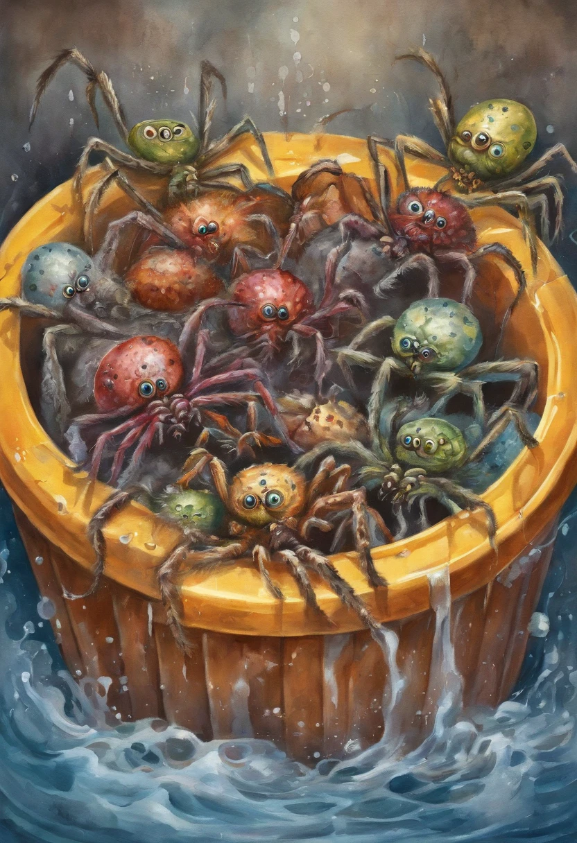 ((spiders crawling out of a kids mouth, garbage pail kids style)), under water, 3d cartoon, high quality, detailed,