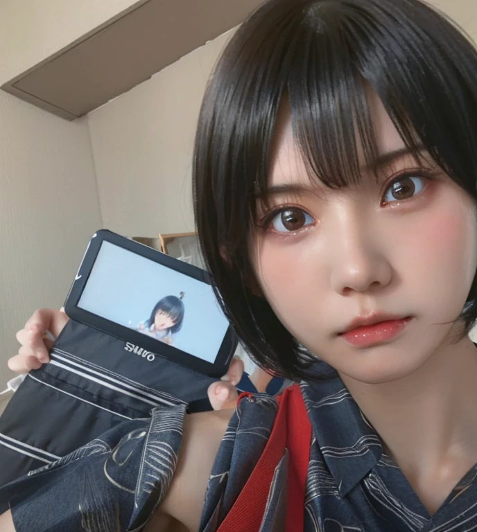Japanese cosplayer、(Get angry), (Shirt, sleeveless:1.3)、Enako、 Best quality, Realism, Short Hair, ((bangs)),(Slender, Being thin), (Close-up, Selfie:1.3)