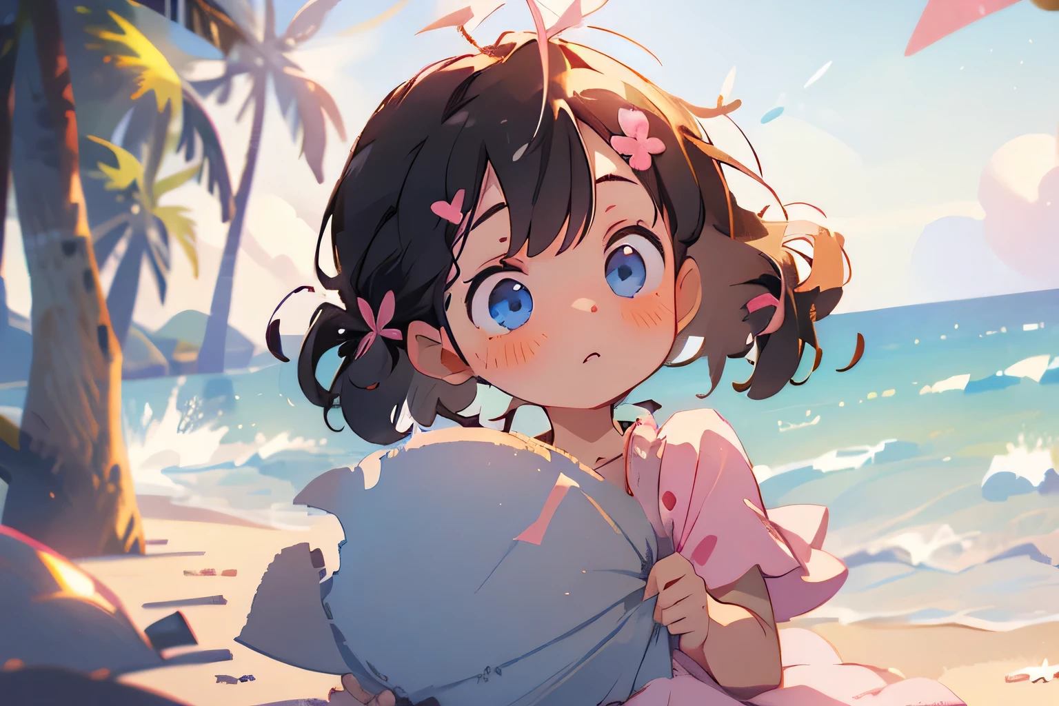 (masterpiece), (best quality), ultra high res, sharp focus, warm pastel tone, ((1 girl, solo)), upper body, side profile shot beautiful detailed hair, ((black hair)), (pink ribowns on the hair), beautiful detailed face, ((beautiful shape eyes, blue eyes)), perfect feminine face, head up, looks up, surprise face, ((blush)), (marnie pokemon), (ponytails), (pink ribbons), (assymmetrical bangs), ((summer)), ((beach)), stars, (pink summer dress)