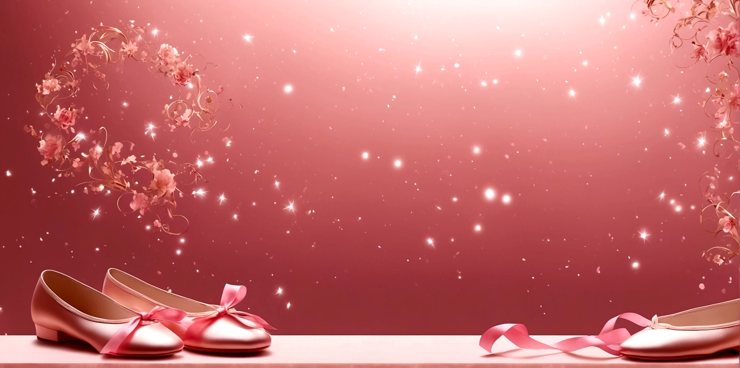 A banner image;poster;The background is a solid color,There is a pair of small ballet shoes in the corner of the picture,Pink ribbon decoration;dream,mystery;Big scene;Golden pink hue。Low saturation;Background pure,Simplicity。Large blank space in the center。