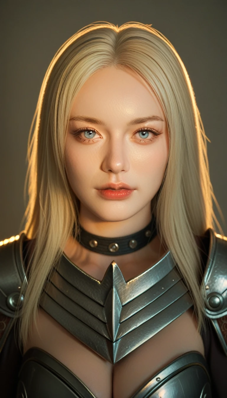 (character portrait for the game Dungeons and dragons), (female 30 years old, spellblade, high charisma), (white skin:0.8, nordic facial features, heavy black makeup, light blue eyes, blond, long, straight hair), (dark fantasy), (heavy platemail armor, gray metallic, cleavage),([dim lights], shadows in the background, red, black, yellow)