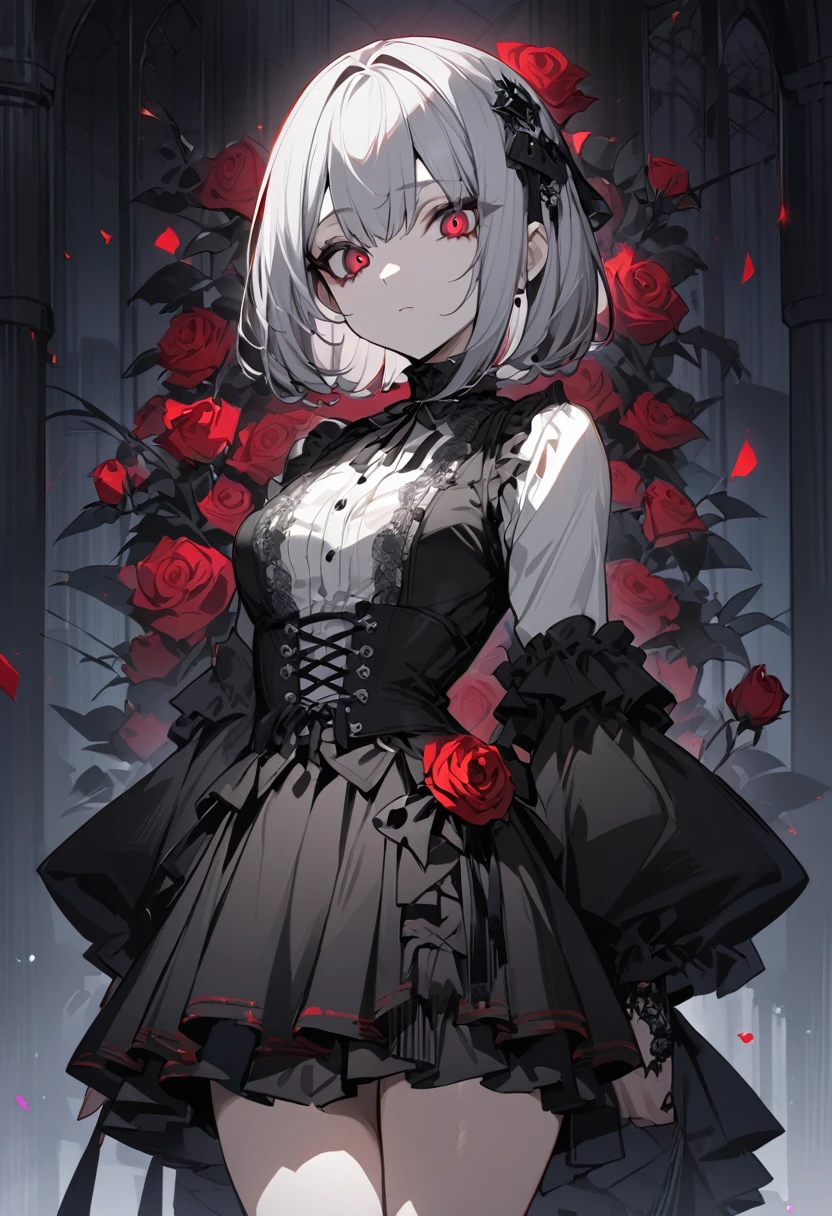 One girl, masterpiece, best quality, beautiful woman, expressionless, big eyes, red pupils, silver hair, hime cut, black gothic lolita, background is rose, night, anime