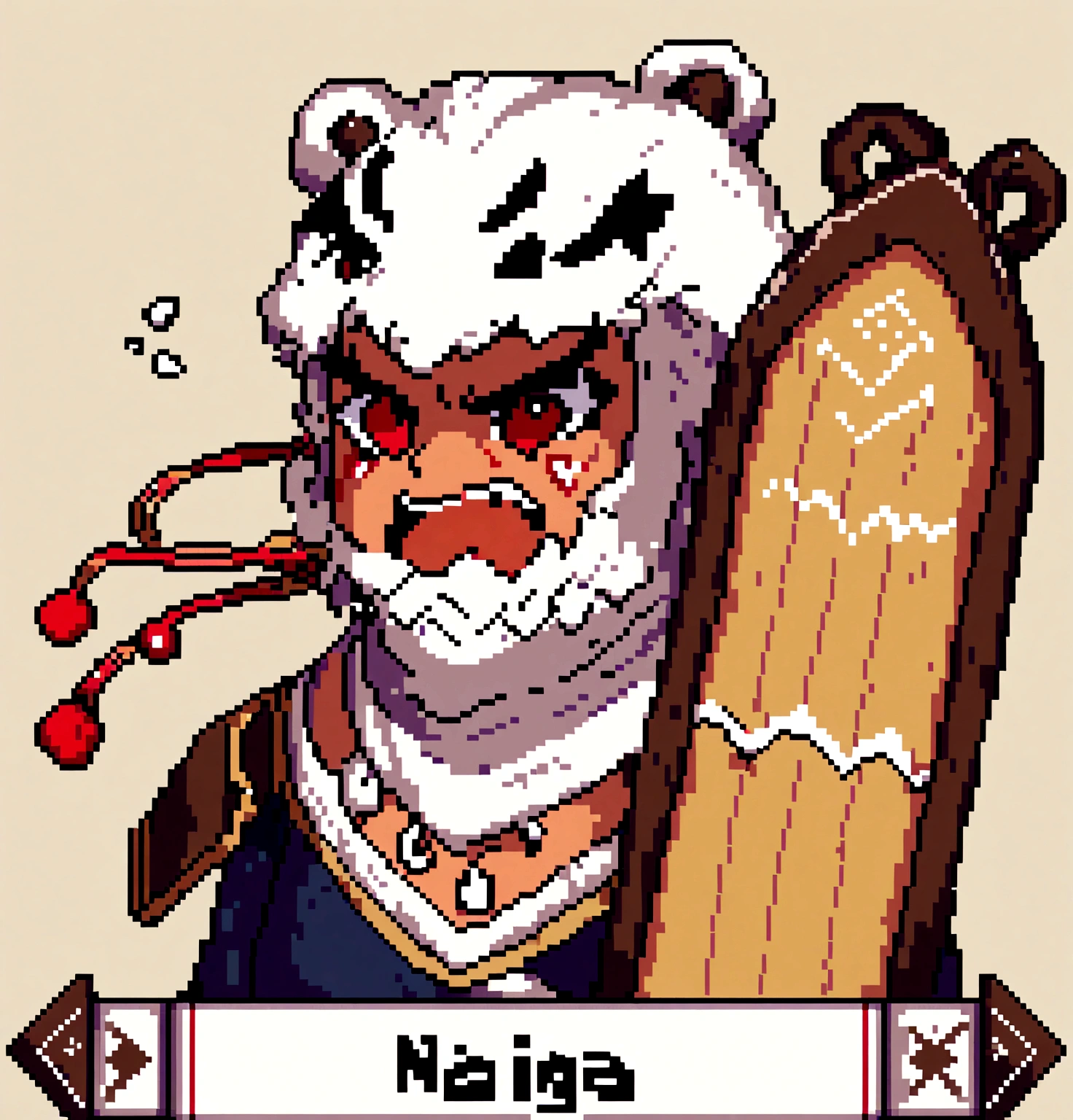 Create an image of a rugged, scarred warrior holding a simple axe. He is dressed in worn leather armor and has a fierce expression on his face. The background is a battlefield, in pixel art.