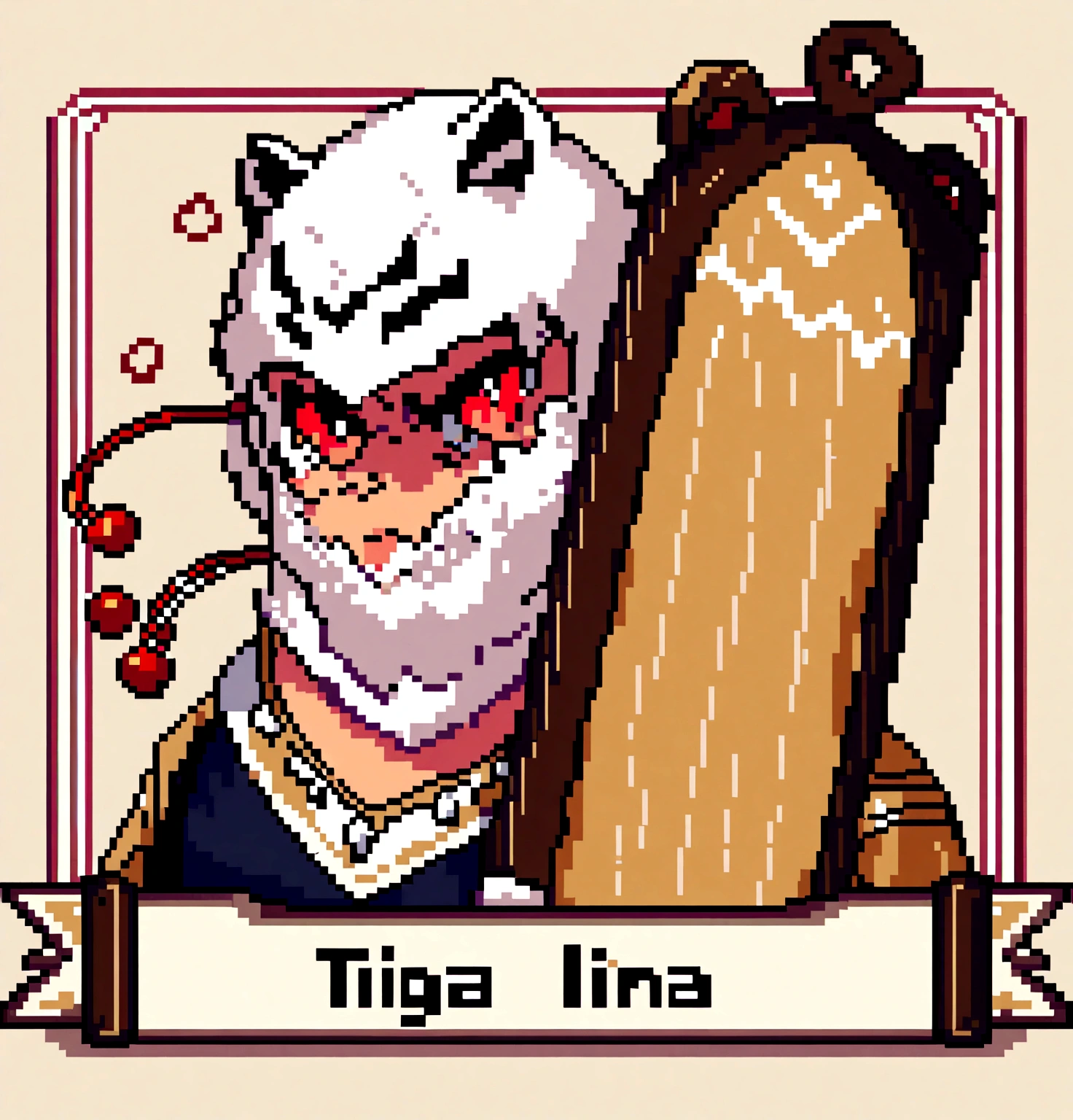 Create an image of a rugged, scarred warrior holding a simple axe. He is dressed in worn leather armor and has a fierce expression on his face. The background is a battlefield, in pixel art.