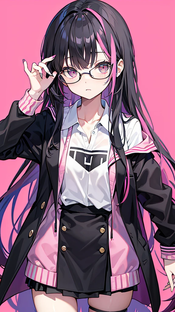 , long black with pink tips hair, Nerd, roupa: estudante