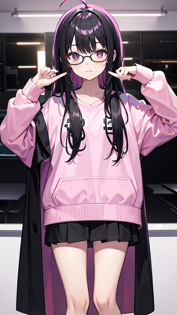 , long black with pink tips hair, Nerd, roupa: estudante