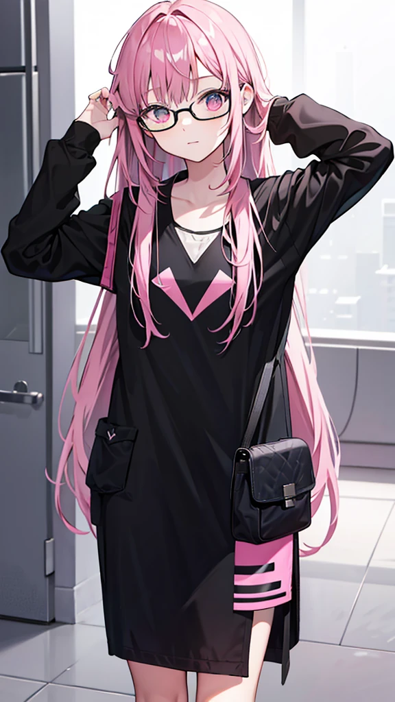 , long black with pink tips hair, Nerd, roupa: estudante 