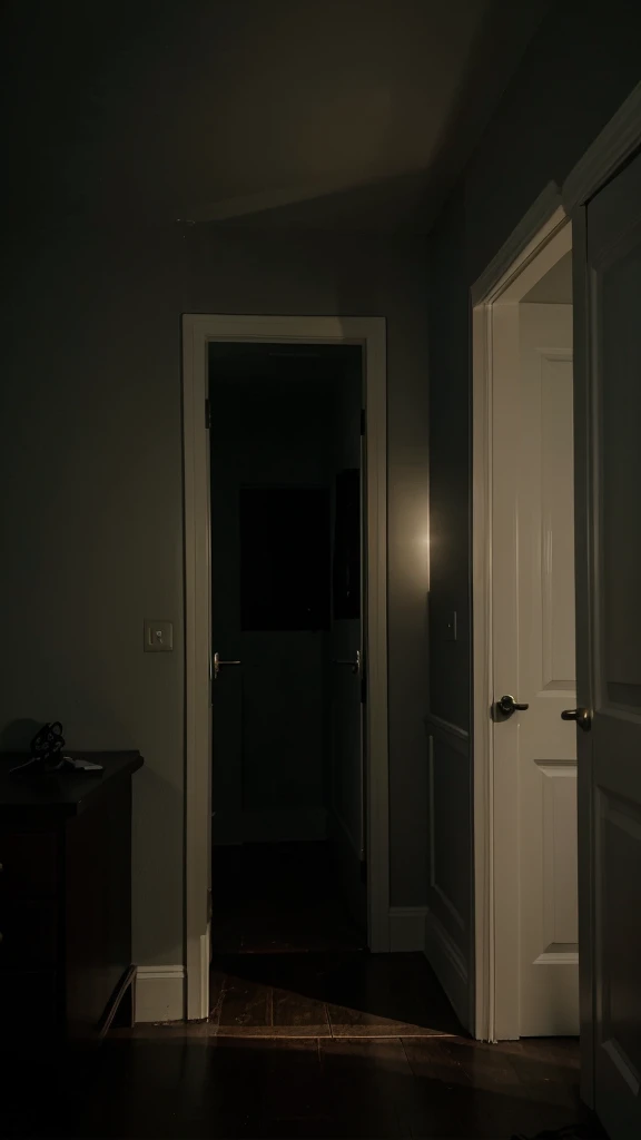 "A dark bedroom with a slightly open door and a skeletal figure with glowing eyes in the corner."